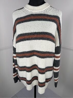 American Eagle Waffle Knit Striped Sweater Cream Grey Rust Crew Neck Small